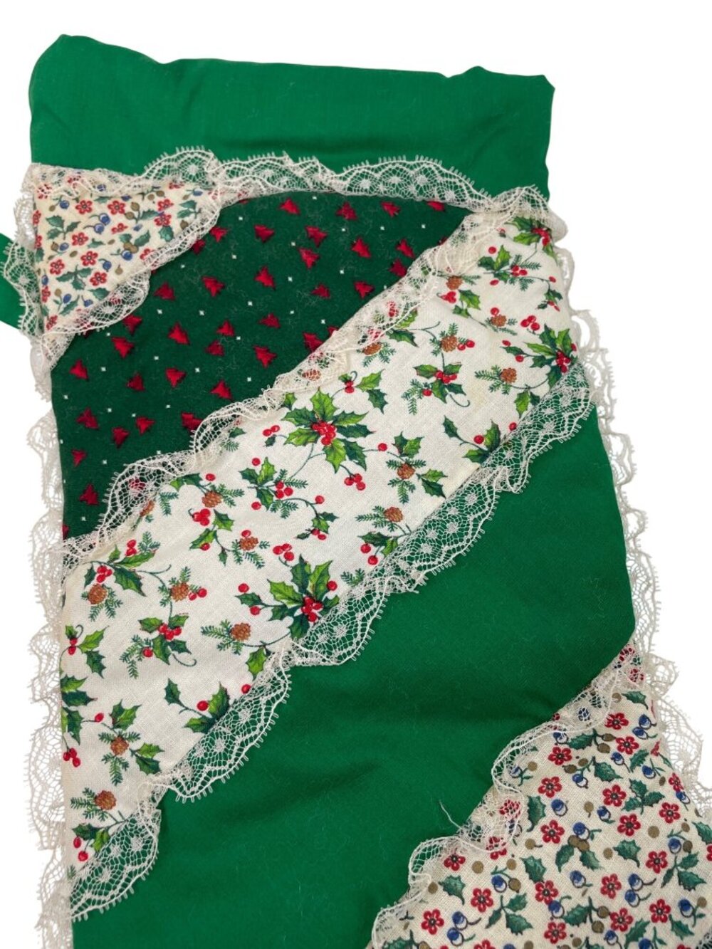 Handmade Vintage Christmas Stocking Green Patchwork Lace Trimmed - Picture 4 of 8